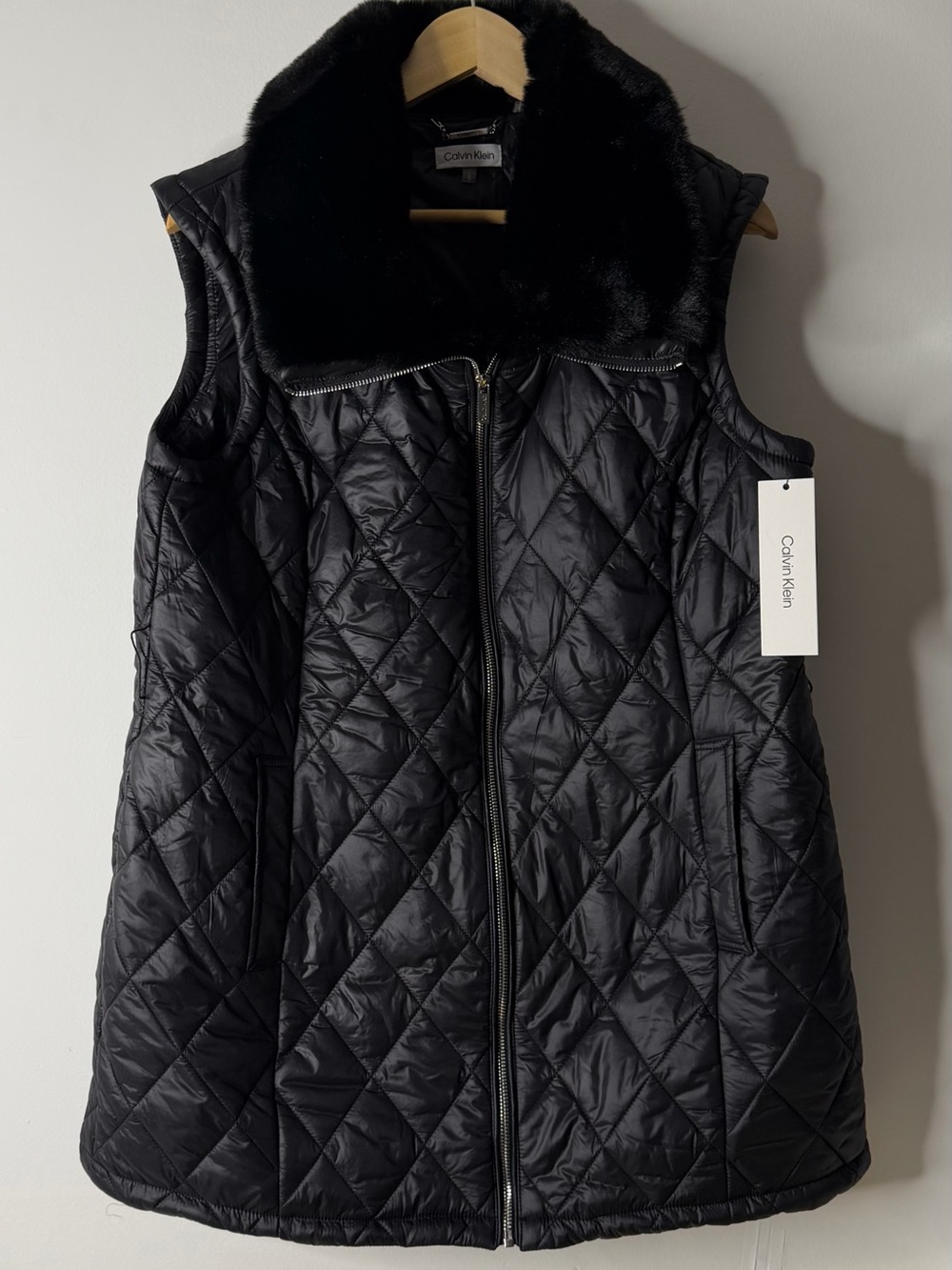 Calvin Klein Black Quilted Faux-Fur Collar Vest